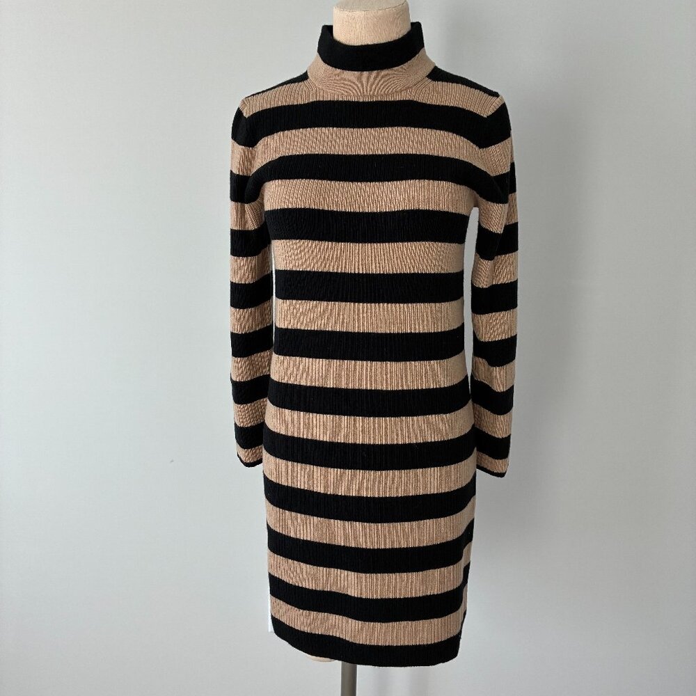 NWT J. Crew Black and Tan Striped Turtle-Neck Sweater Dress